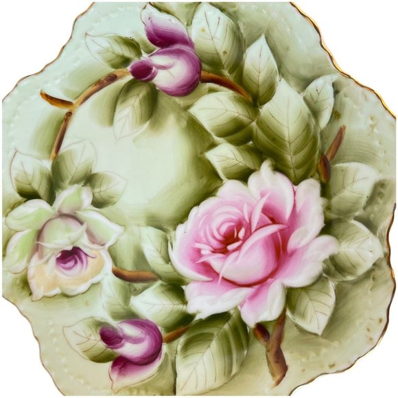 Lefton Cabbage Rose Pink And Green Plate Scallop Edge Hand Painted #119 Japan - Picture 2 of 4